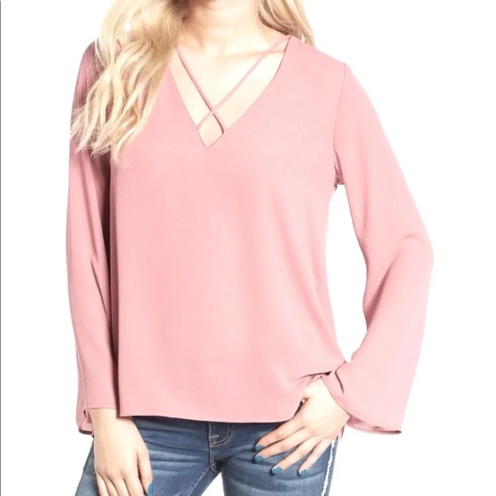 Vintage Express Blush Pink Long Sleeve Criss Cross V-Neck Blouse Size S Y2K